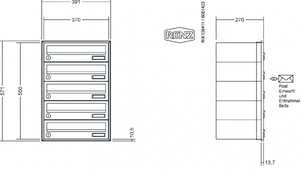 RENZ Briefkastenanlage Unterputz, Schattenfugenrahmen, Kastenformat 370x110x270mm, 5-teilig,